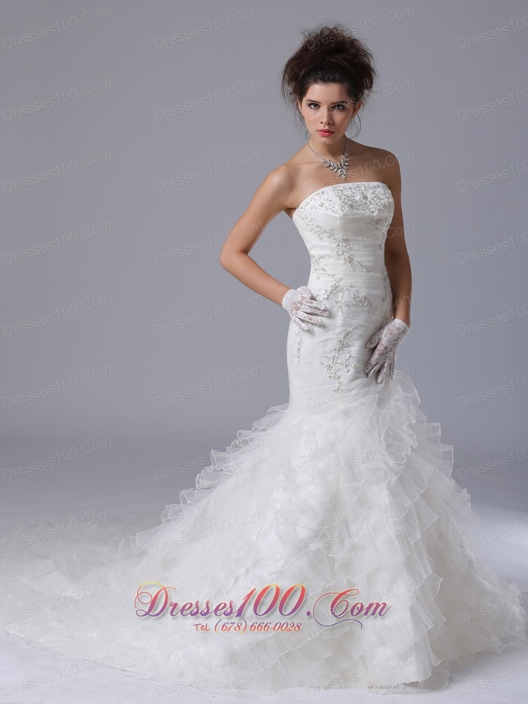 Mermaid Strapless Beaded Wedding Gown with Brush Train