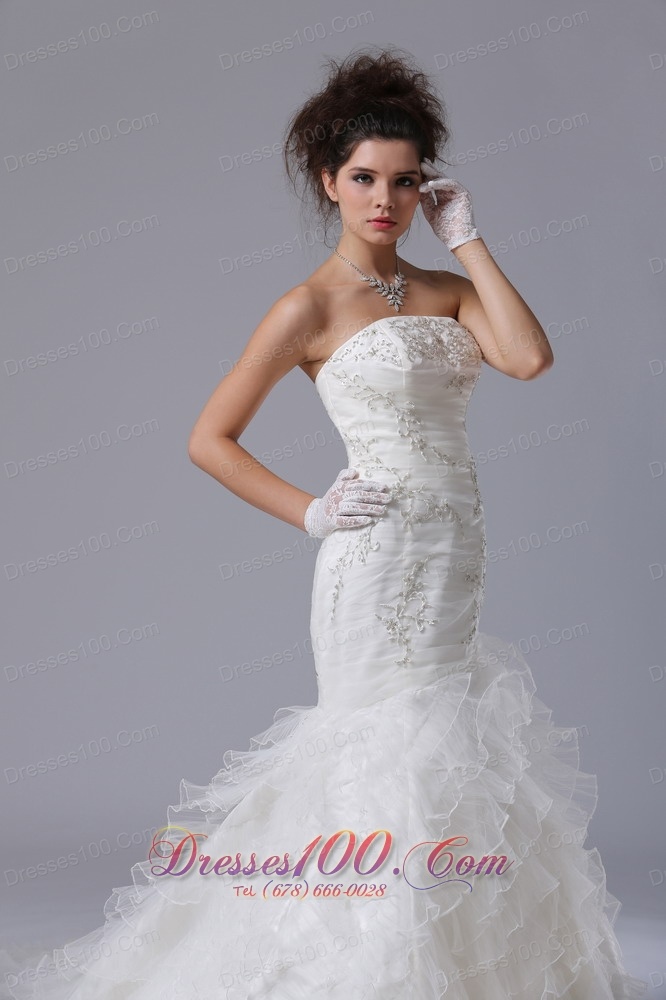 Mermaid Strapless Beaded Wedding Gown with Brush Train