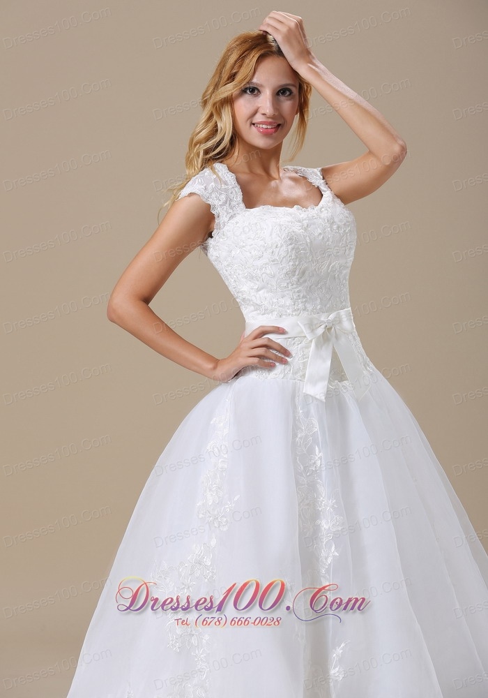 Square Cap Sleeves and Sash Wedding Dress Chapel Train