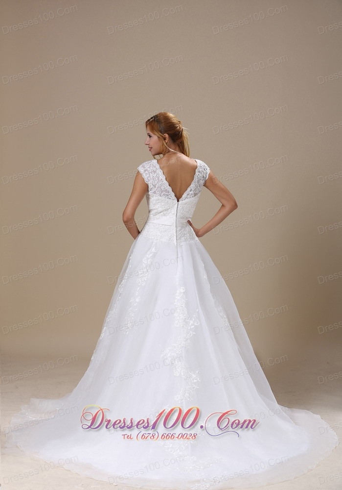 Square Cap Sleeves and Sash Wedding Dress Chapel Train