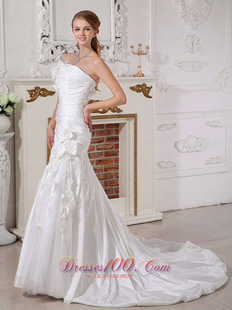 Strapless Hand Made Flower Chapel Train Wedding Dress