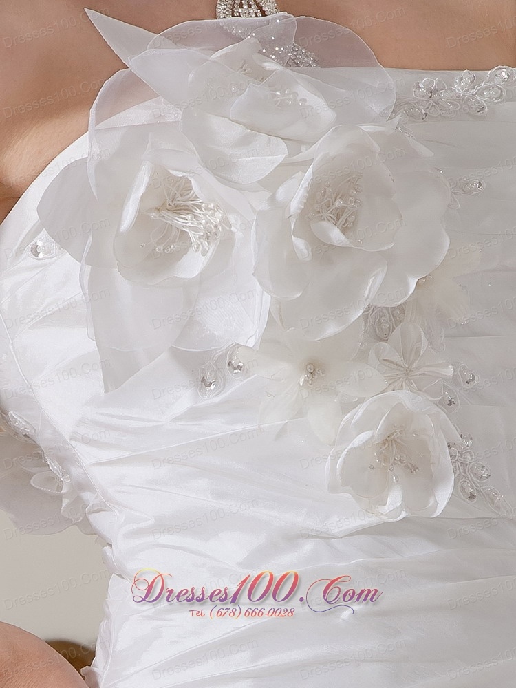 Strapless Hand Made Flower Chapel Train Wedding Dress