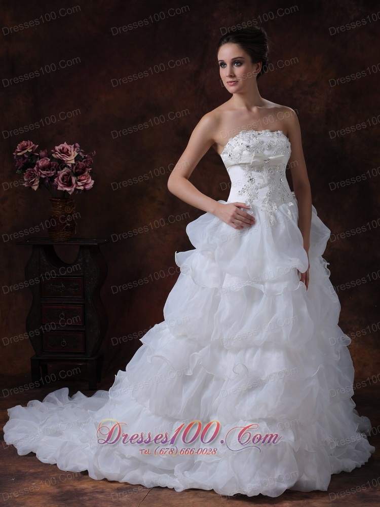 Tiered Skirt Beading Wedding Dress Brush Train