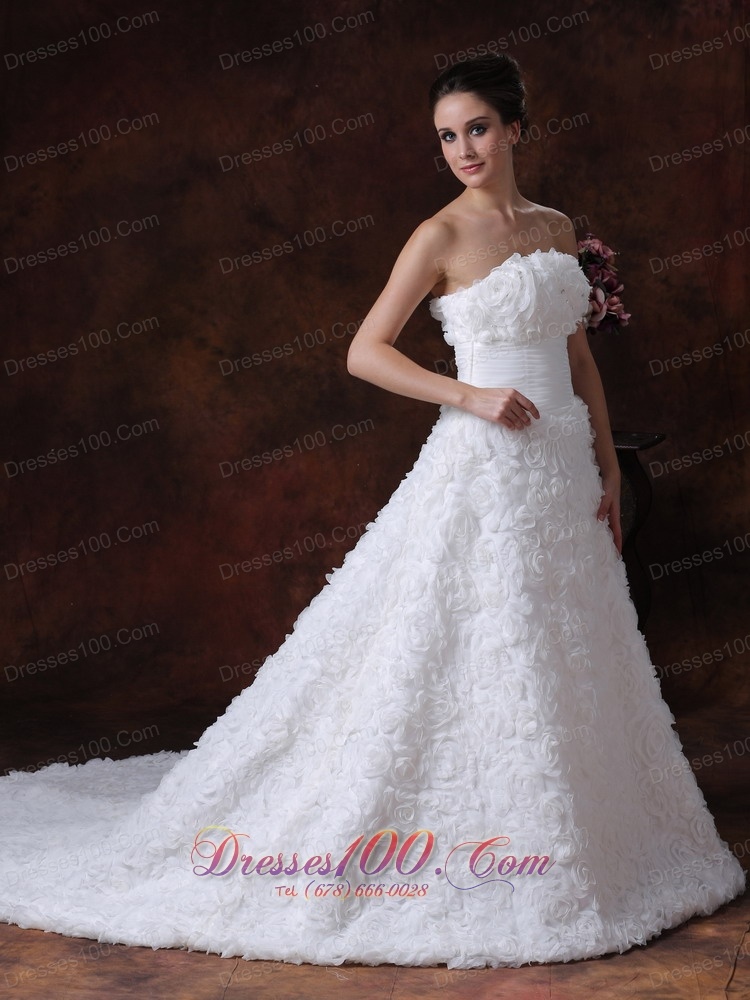 Wedding Gown with Rolling Flowers Strapless A-line Brush Train