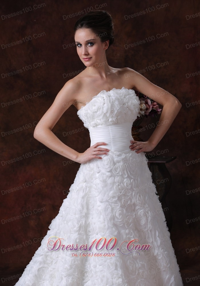 Wedding Gown with Rolling Flowers Strapless A-line Brush Train