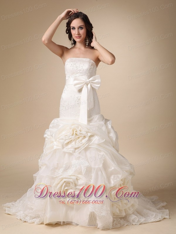 Dropped Ivory Lace Wedding Dress Flowers Bowknot Shash