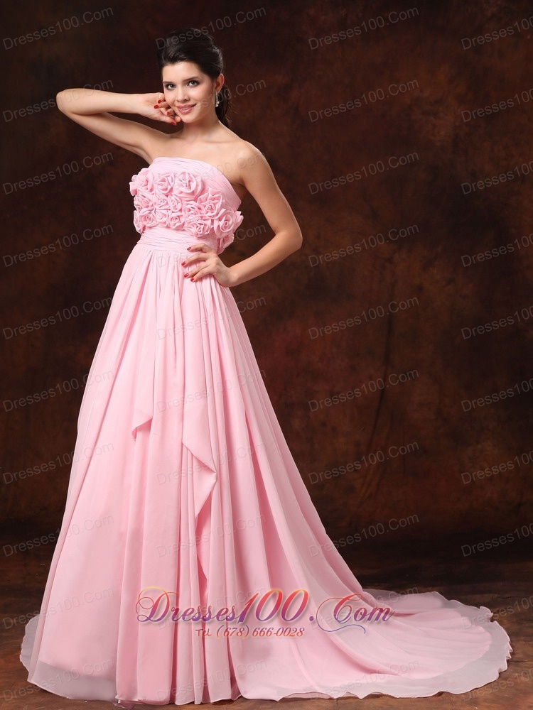 Luxury Handle Flowers Pink Bridal Dresses Empire Ruffles