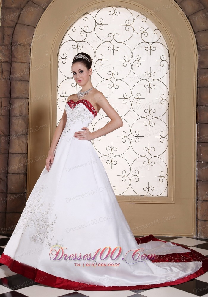 Embroidery Bridal Wedding Gown Colored Satin Chapel