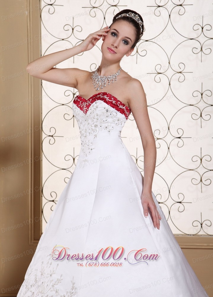 Embroidery Bridal Wedding Gown Colored Satin Chapel