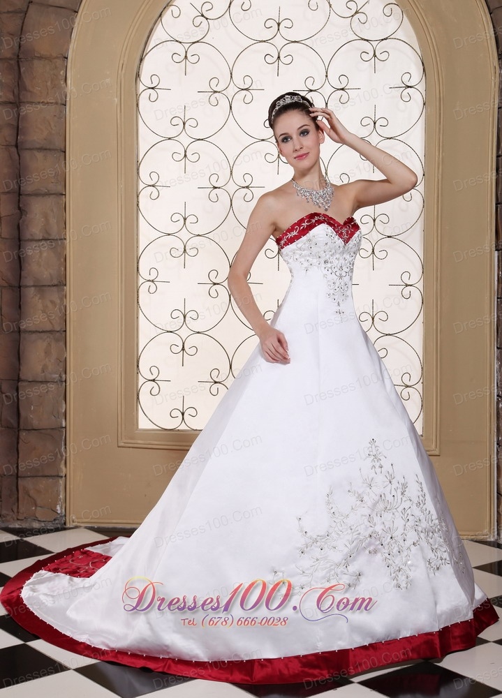 Embroidery Bridal Wedding Gown Colored Satin Chapel