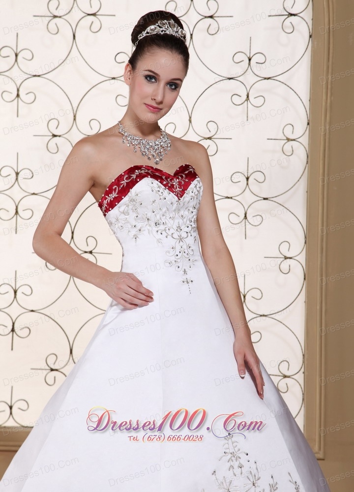 Embroidery Bridal Wedding Gown Colored Satin Chapel