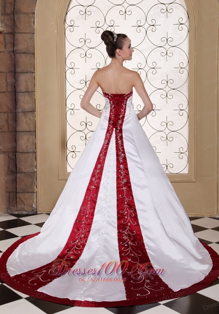 Embroidery Bridal Wedding Gown Colored Satin Chapel