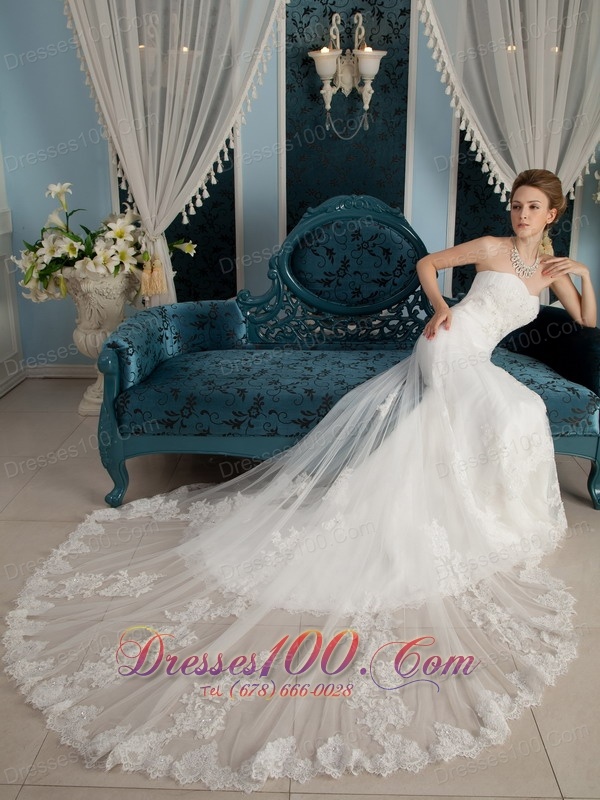 Popular Appliques Wedding Dress Strapless Chapel Belle