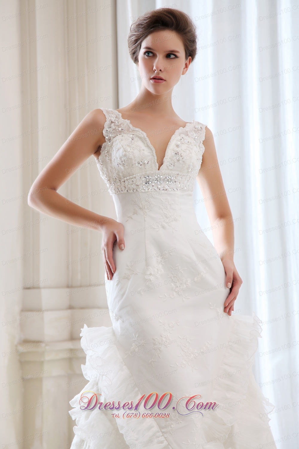 Empire V-neck Mermaid Bridal Dresses Ruffles Beading