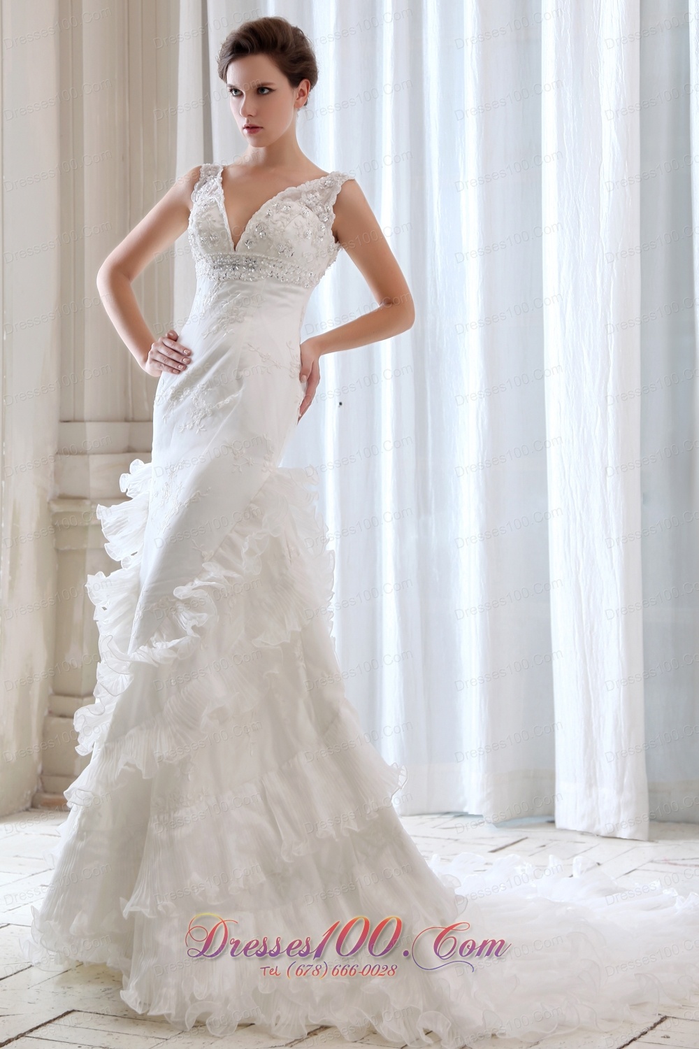 Empire V-neck Mermaid Bridal Dresses Ruffles Beading