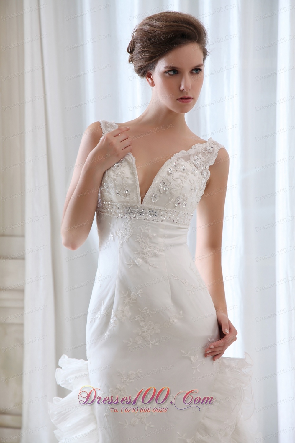Empire V-neck Mermaid Bridal Dresses Ruffles Beading