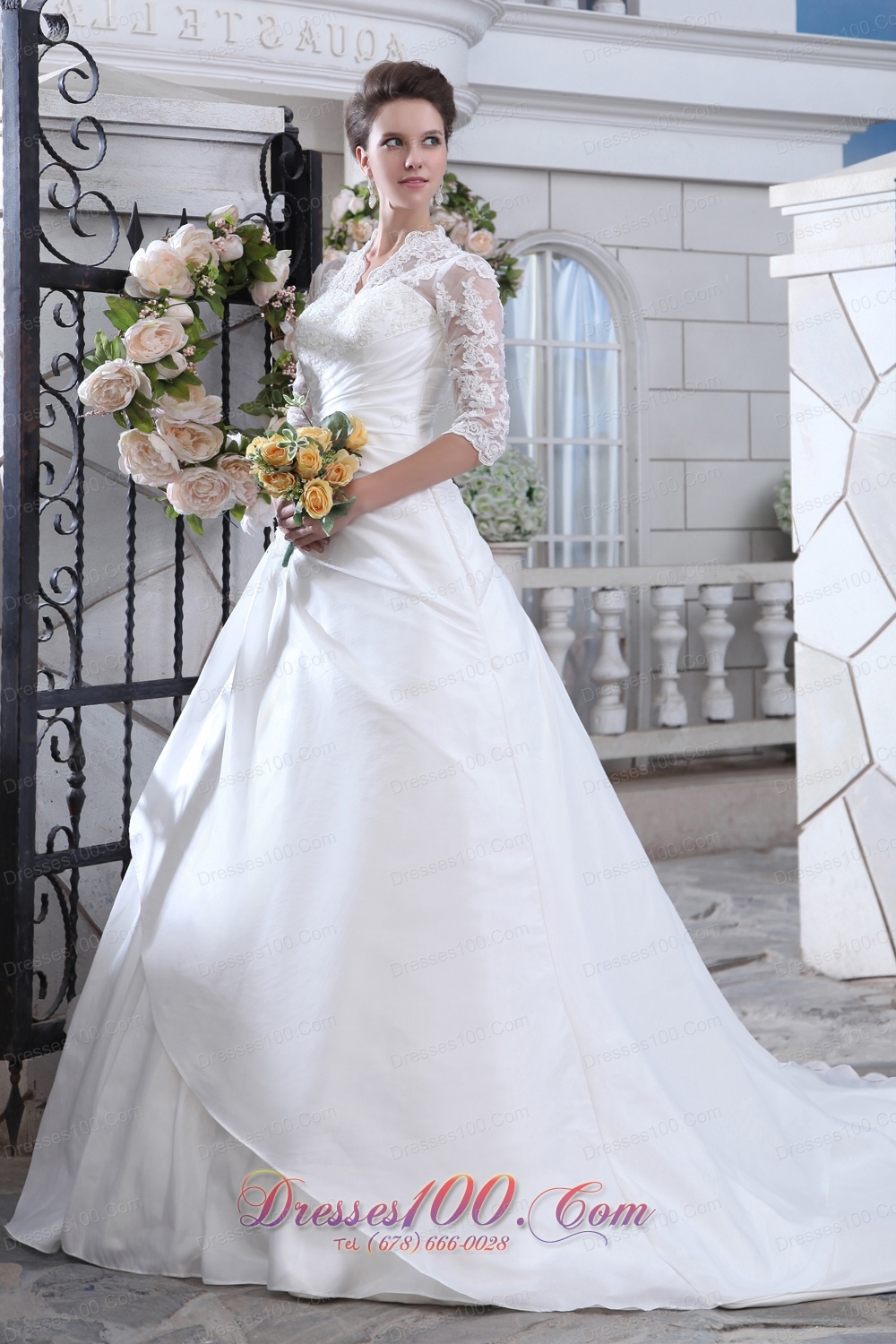 Attractive V-neck Long Sleeves Wedding Dress