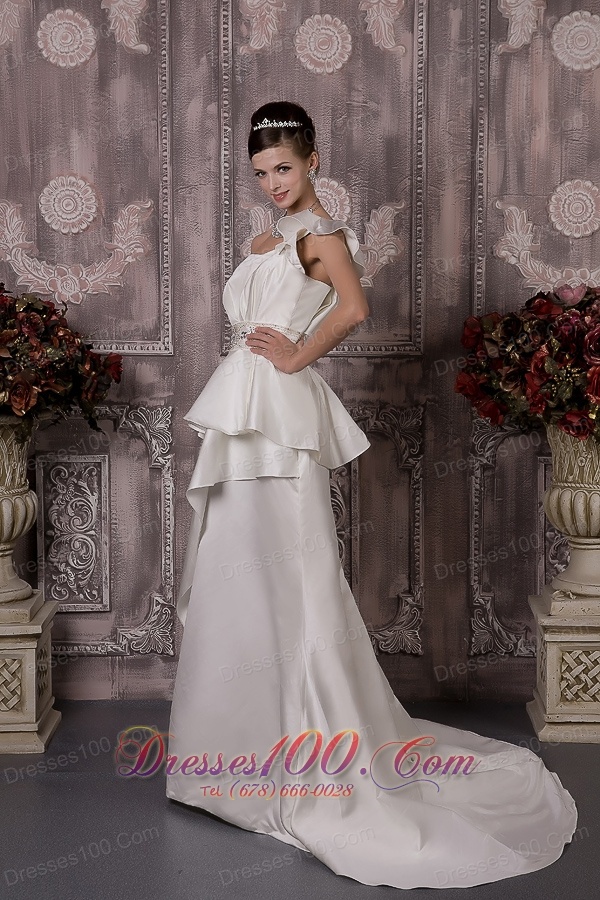 Floral One Shoulder Brush Train Satin Wedding Dress