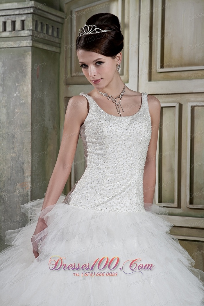 Elegant Scoop Brush Train Tulle Beading Wedding Dress