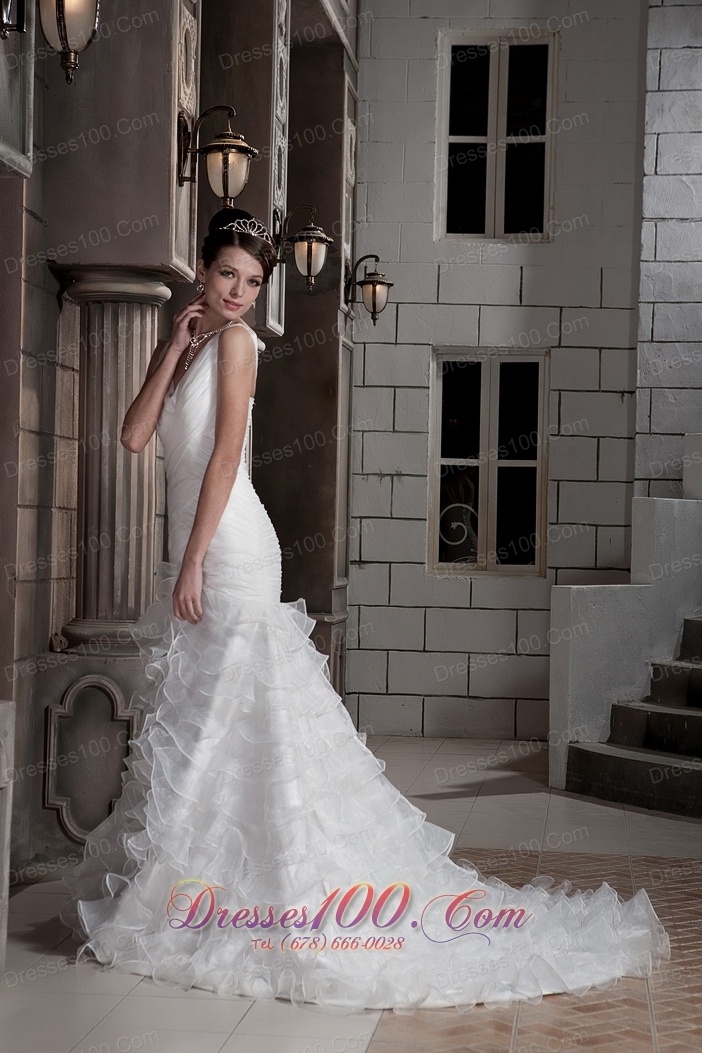 Simple V-neck Ruffled Layers Wedding Dress