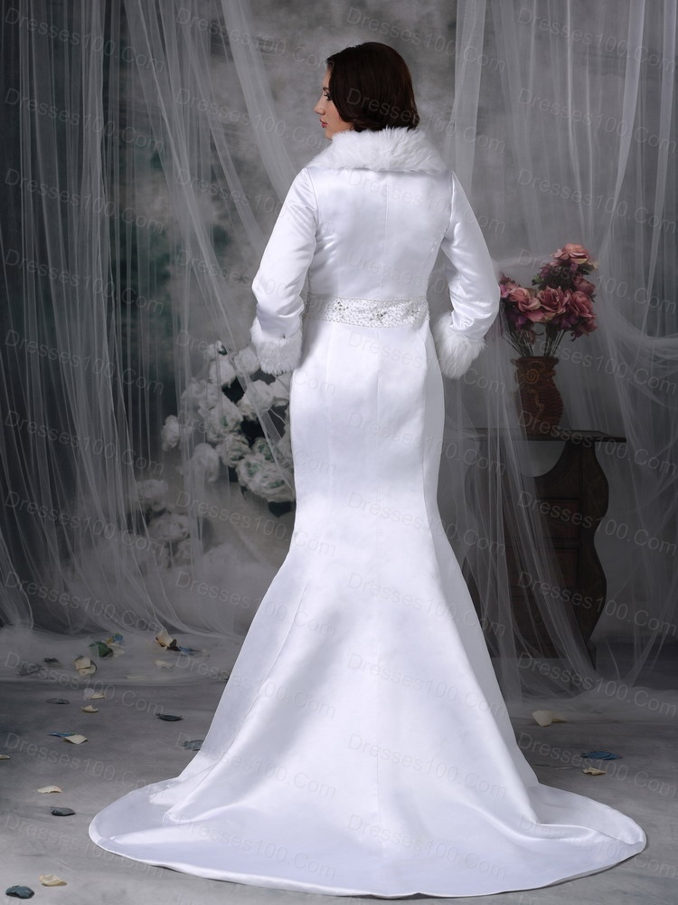 Long Winter Wedding Jacket Mermaid V-neck Satin