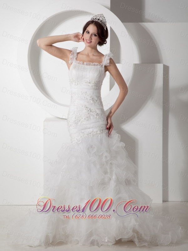 Floral Mermaid Straps Ruchings Wedding Dress Organza