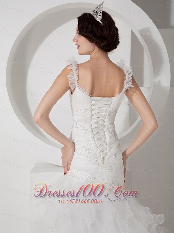 Floral Mermaid Straps Ruchings Wedding Dress Organza