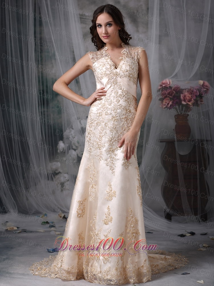 Gorgeous Mermaid V-neck Satin Lace Bridal Dresses