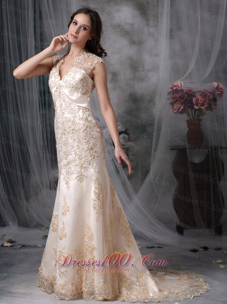 Gorgeous Mermaid V-neck Satin Lace Bridal Dresses
