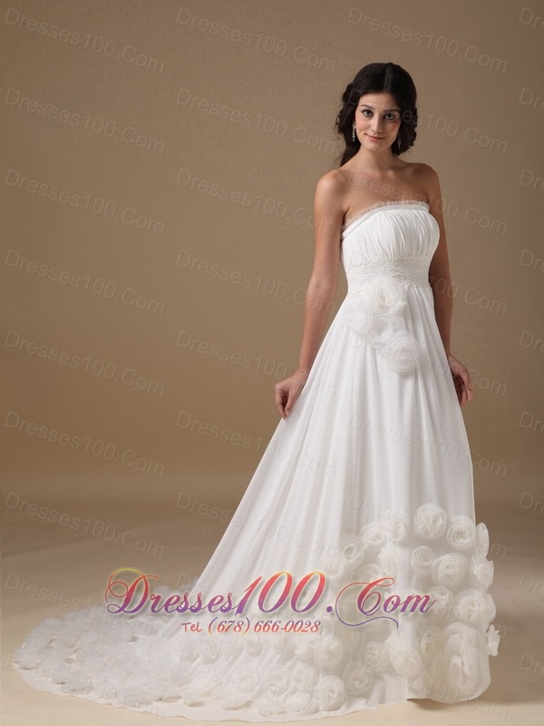 Vintage Strapless Chiffon Hand Made Flowers Bridal Dresses