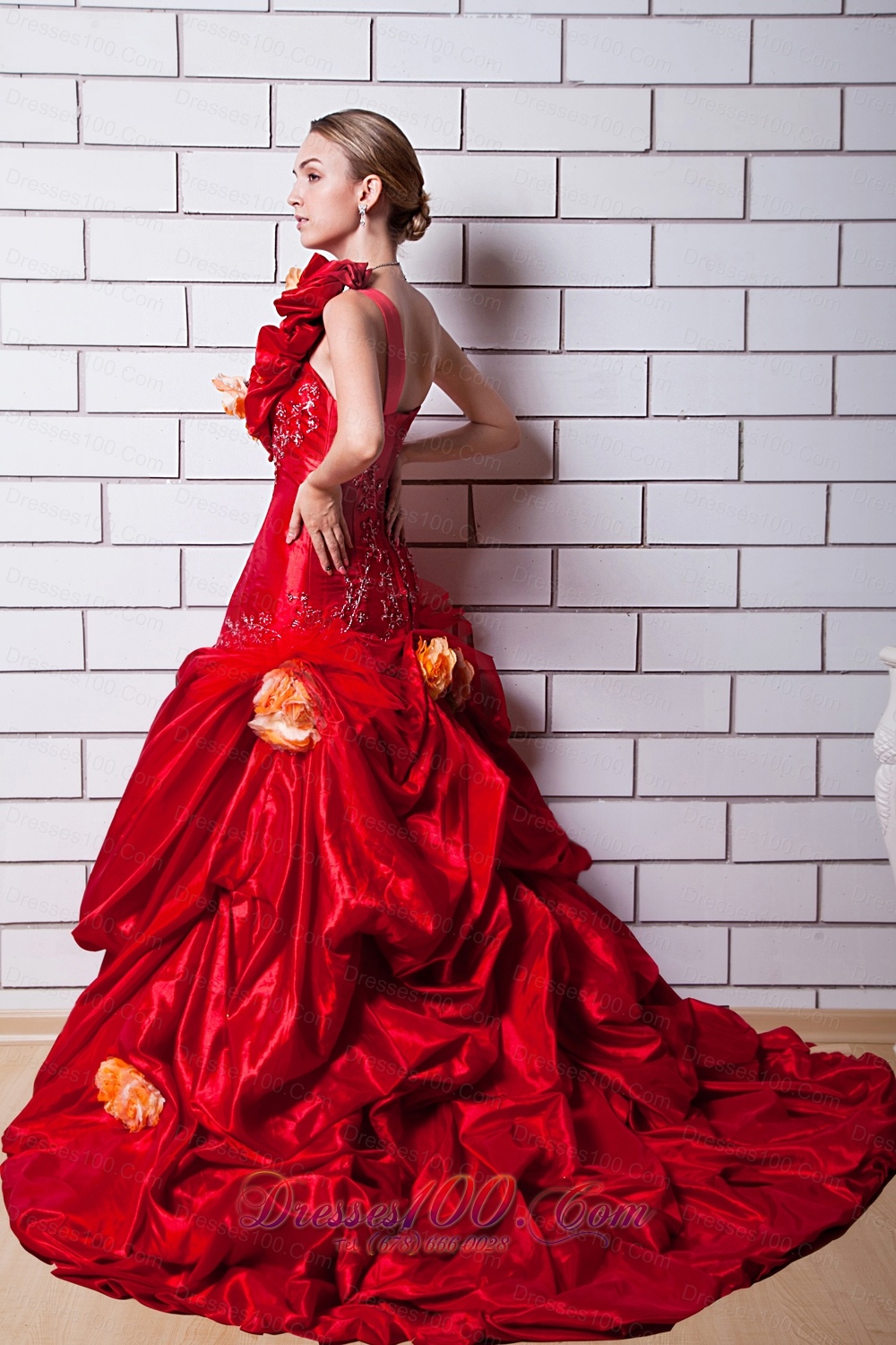 Red One Shoulder Taffeta Appliques Bridal Dresses