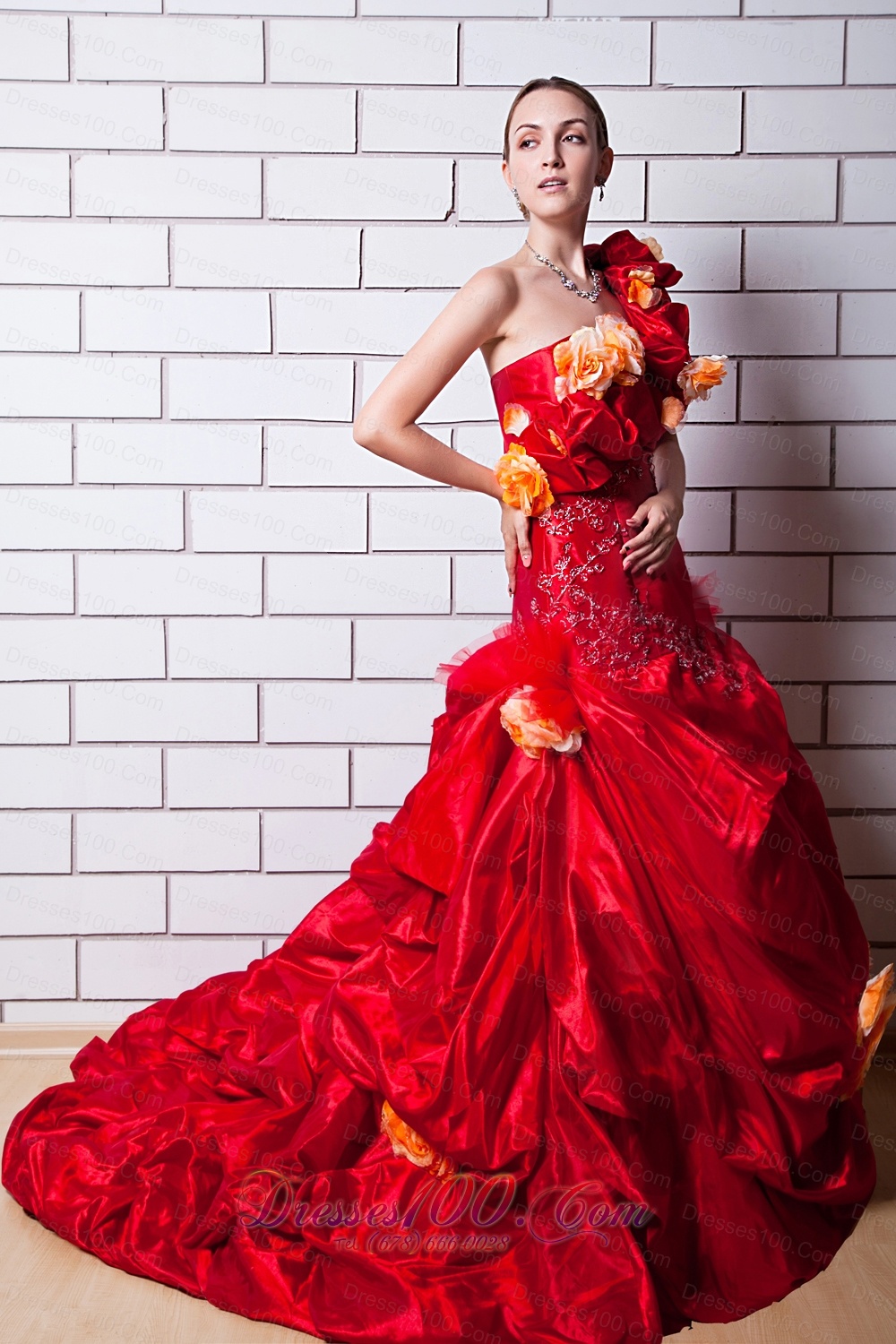 Red One Shoulder Taffeta Appliques Bridal Dresses