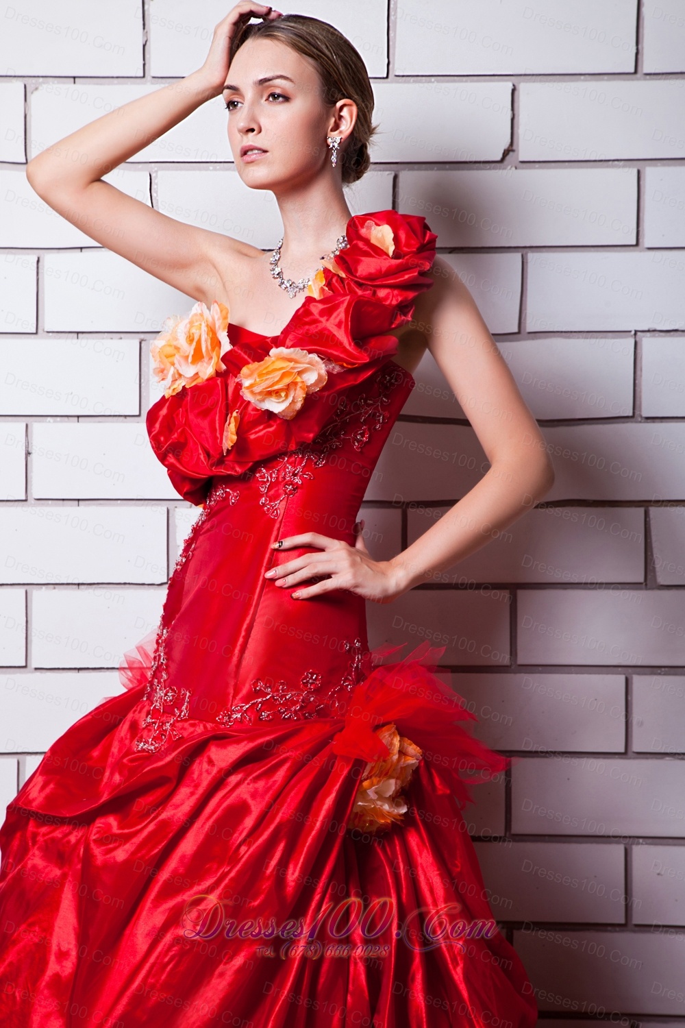 Red One Shoulder Taffeta Appliques Bridal Dresses