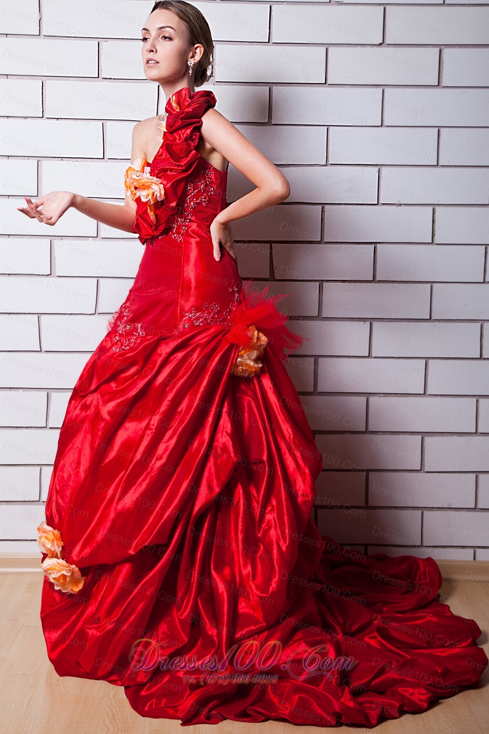 Red One Shoulder Taffeta Appliques Bridal Dresses