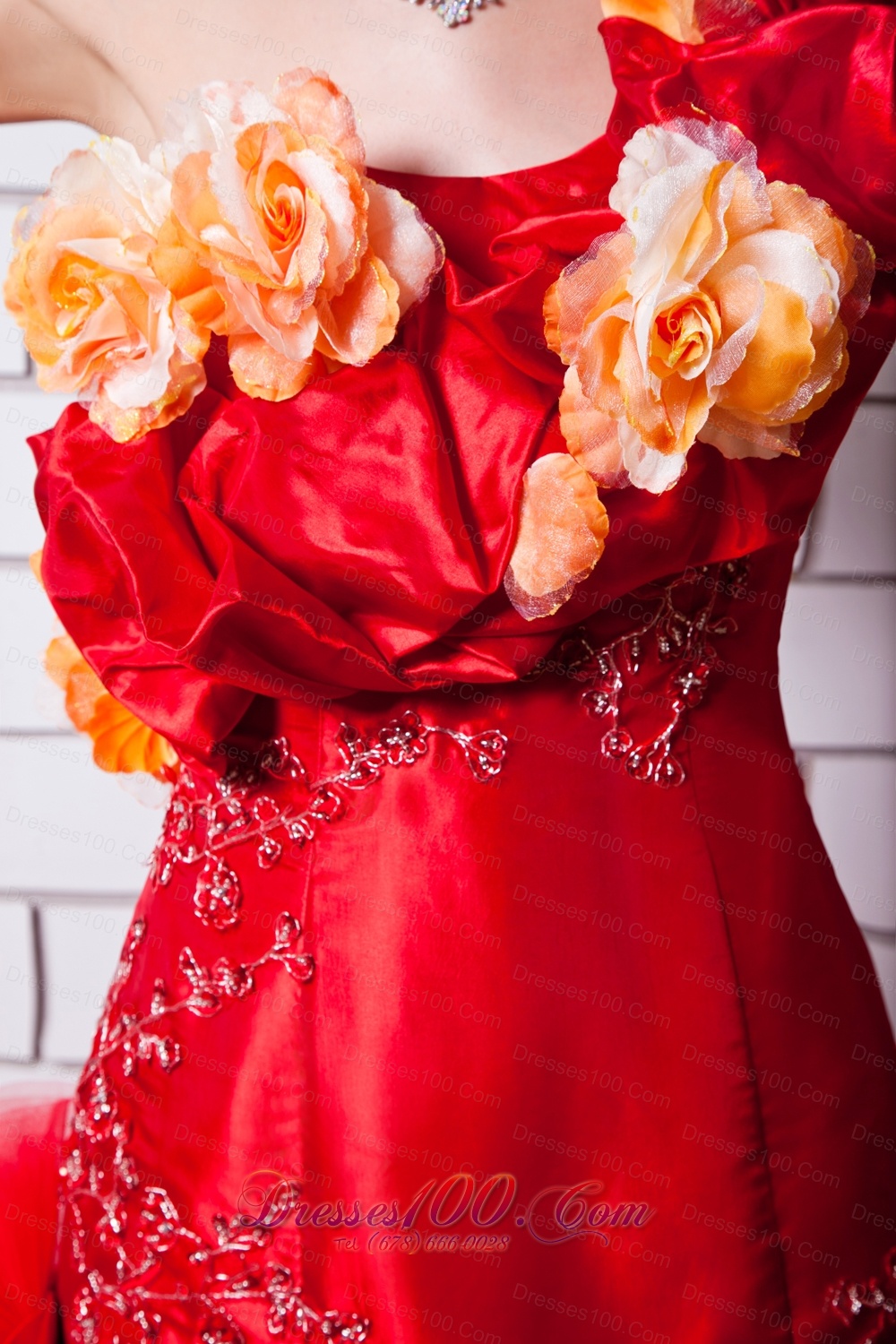 Red One Shoulder Taffeta Appliques Bridal Dresses