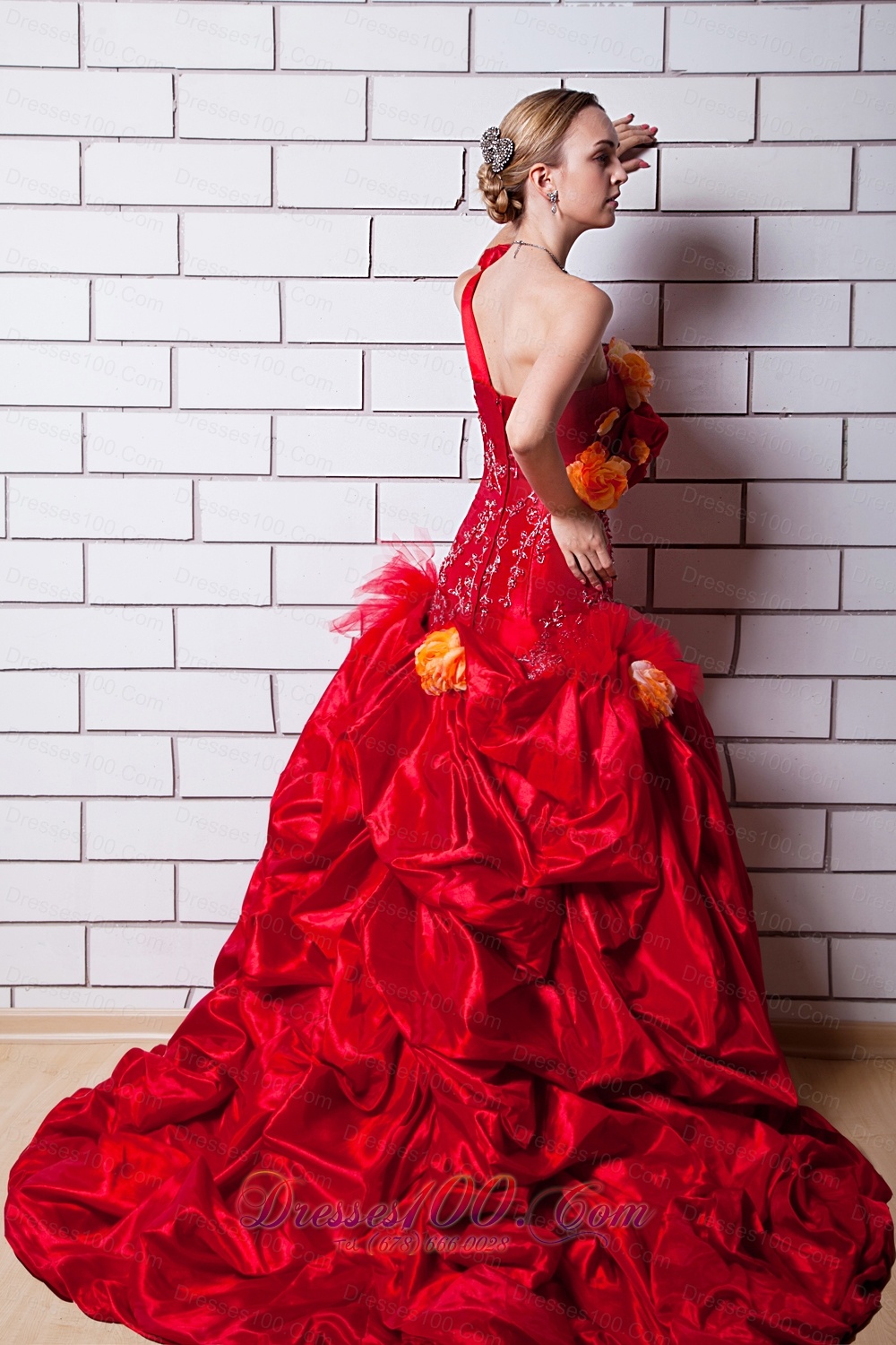 Red One Shoulder Taffeta Appliques Bridal Dresses