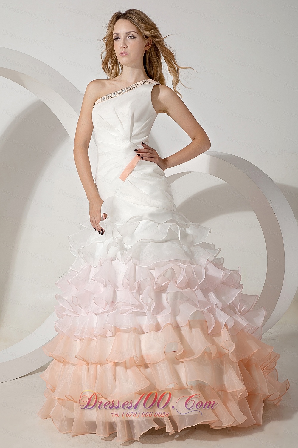 Colorful One Shoulder Organza Beading Wedding Dress