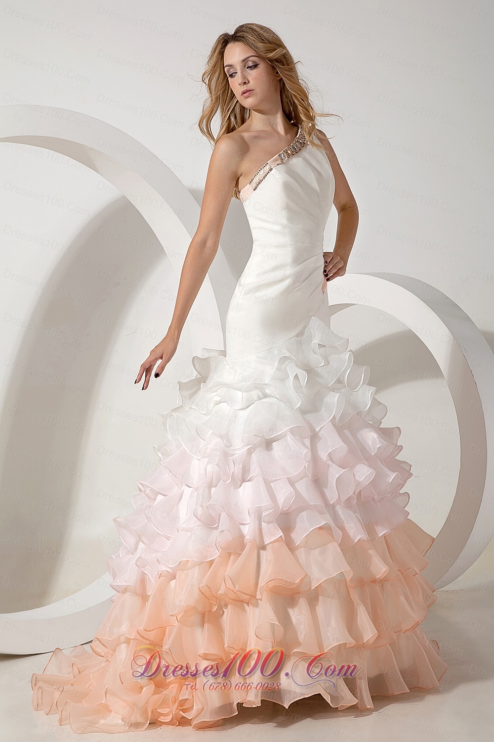 Colorful One Shoulder Organza Beading Wedding Dress