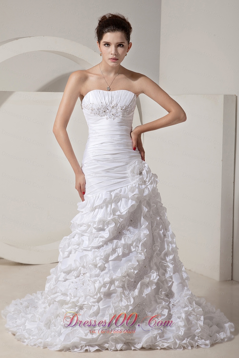 Attractive Floral Mermaid Strapless Satin Beading Wedding Dress