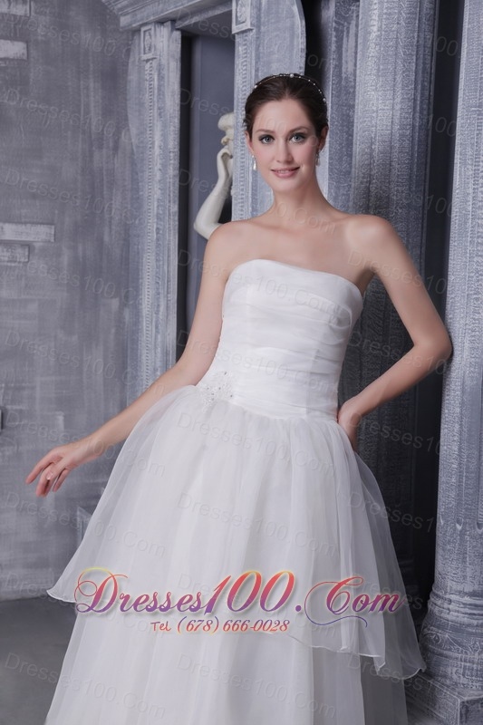 Elegant Princess Strapless Chapel Train Organza Wedding Dress