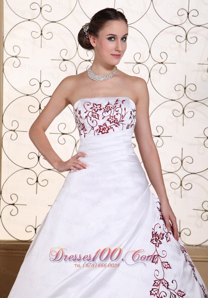 Modest Red Embroidery Satin Wedding Gown
