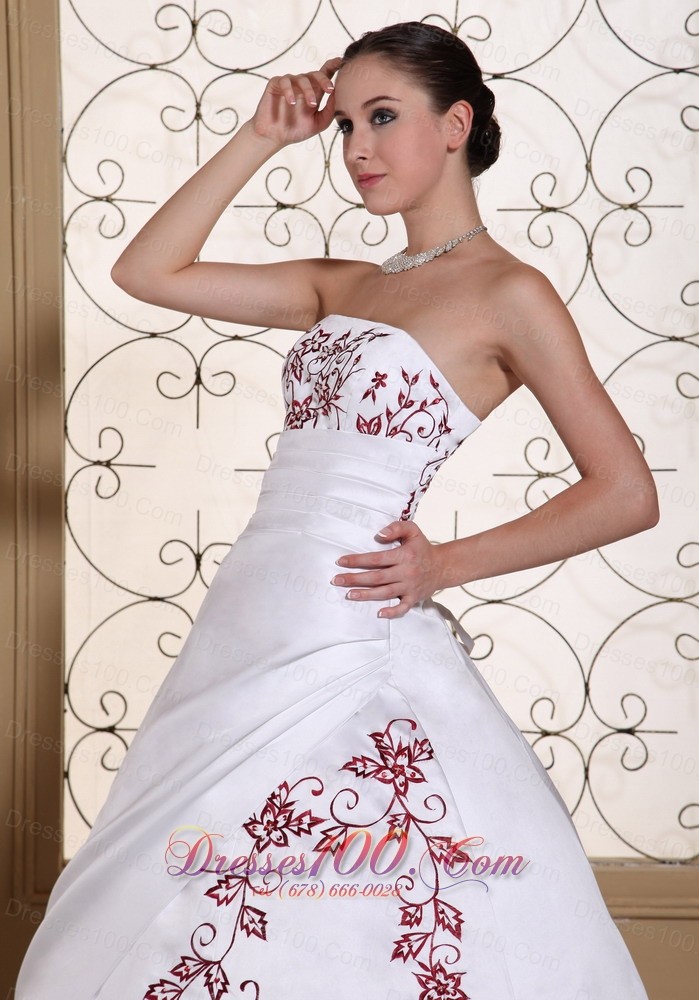 Modest Red Embroidery Satin Wedding Gown