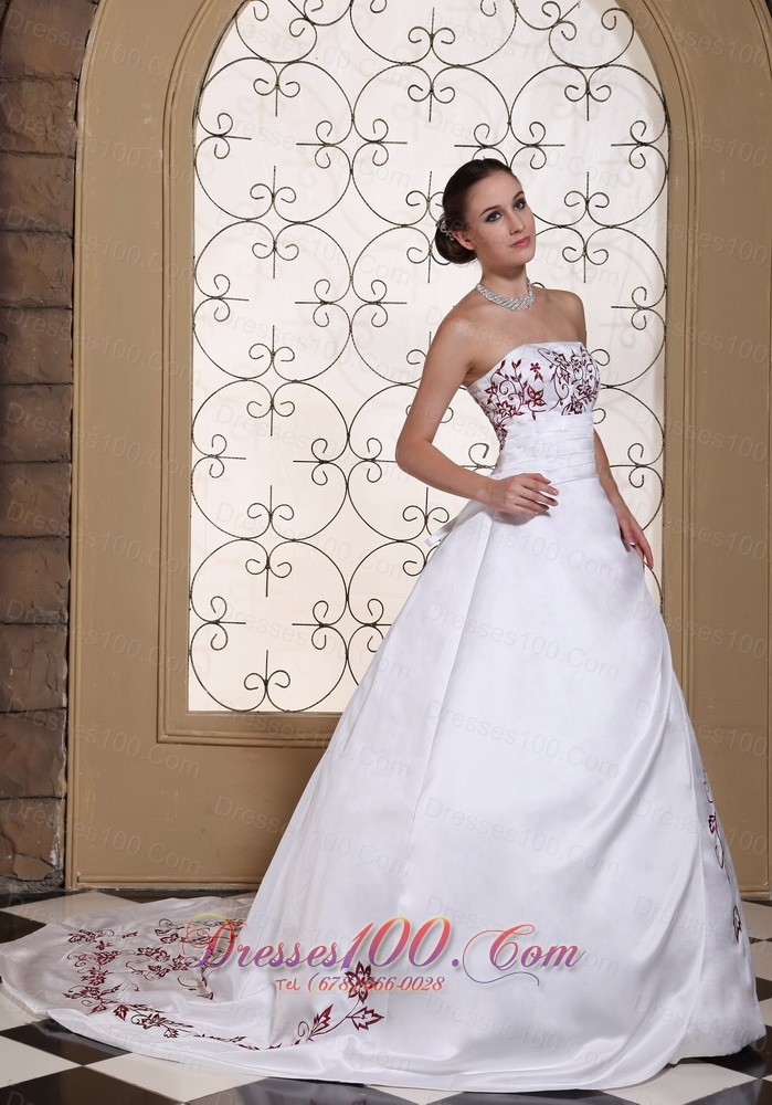 Modest Red Embroidery Satin Wedding Gown