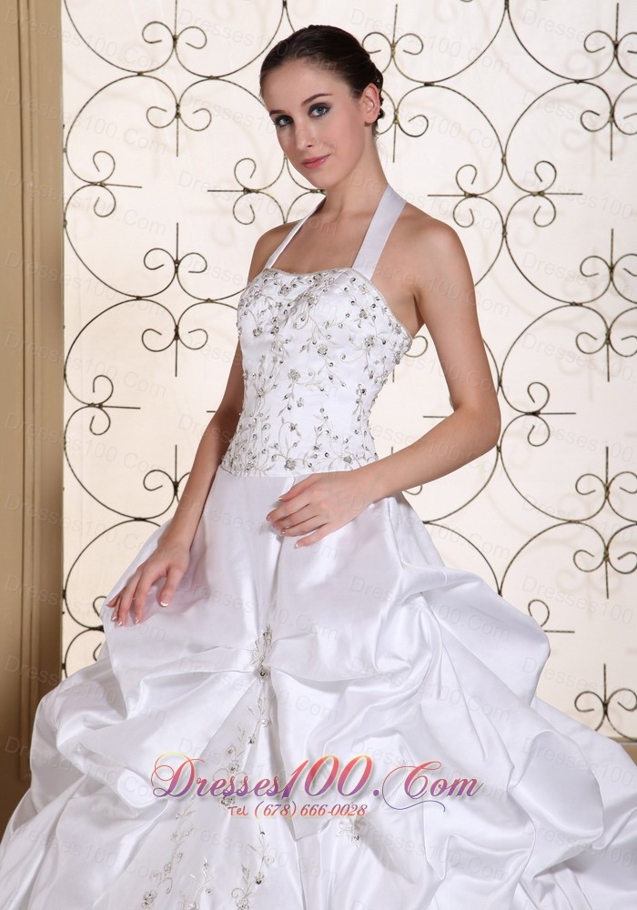 Sexy Halter Wedding Dress Satin Embroidery and Pick-ups
