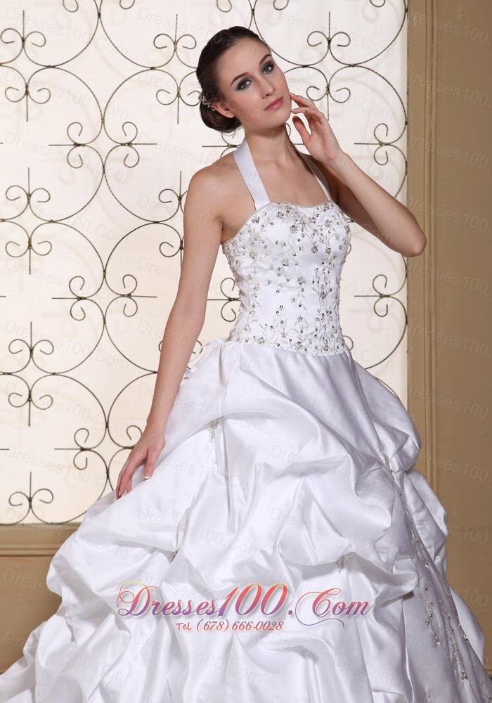 Sexy Halter Wedding Dress Satin Embroidery and Pick-ups