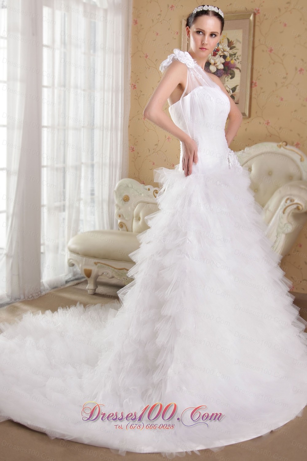 Floral One Shoulder Ruffles Bridal Gown