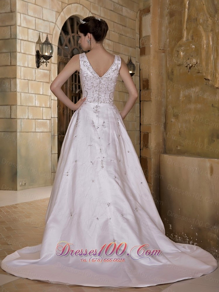 V-neck Chapel Train Taffeta Beading Wedding Dress