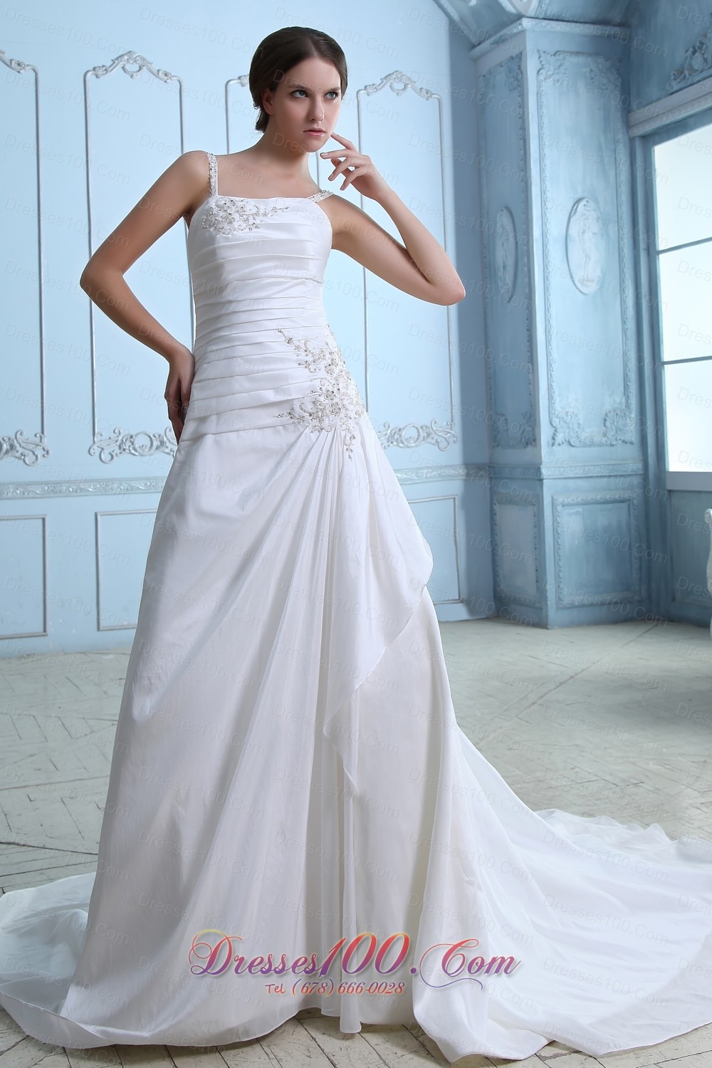 Straps Ruch and Appliques Bridal Dresses Taffeta