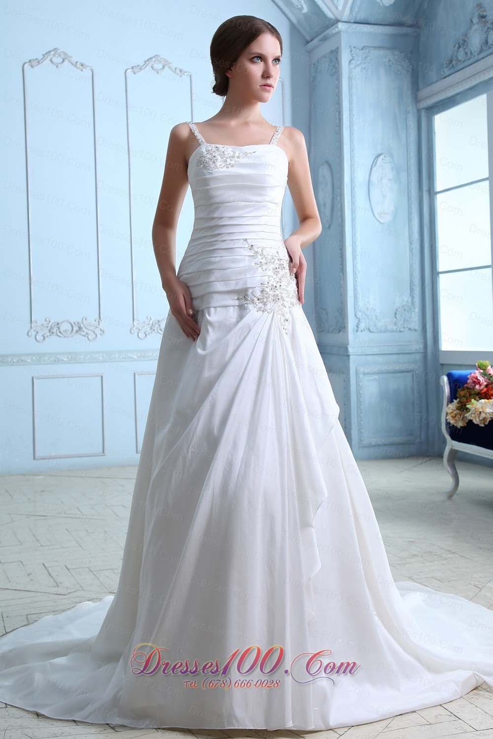Straps Ruch and Appliques Bridal Dresses Taffeta