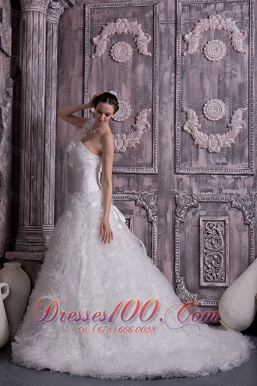 One Shoulder Court Train A-line Bridal Gown Tulle